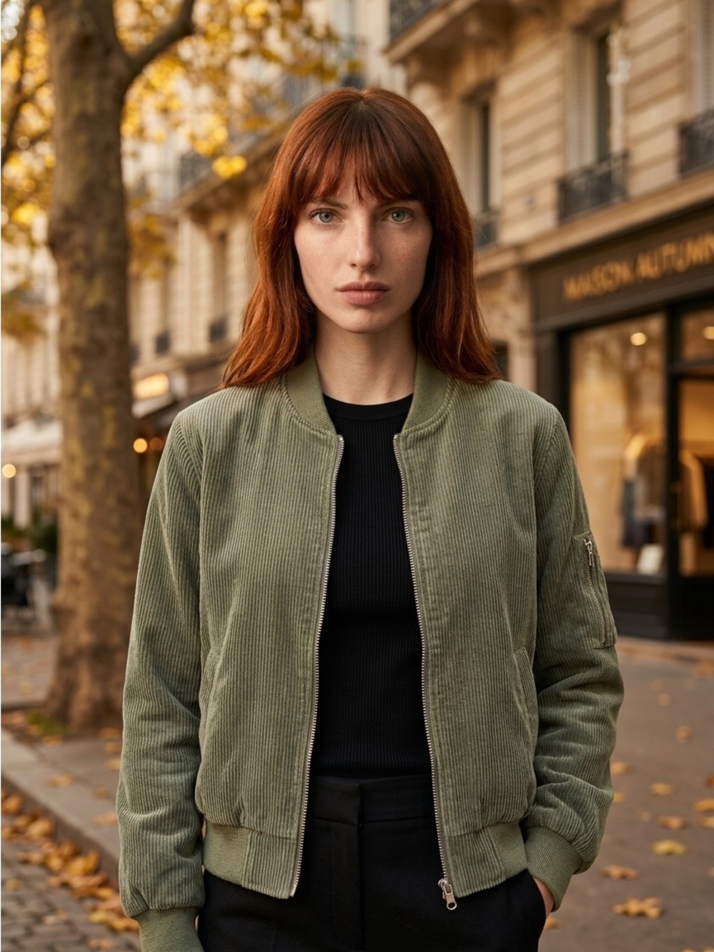 36.5 Olive Green Ribbed Bomber Jacket Women’s Zip Utility Sleeve Pocket